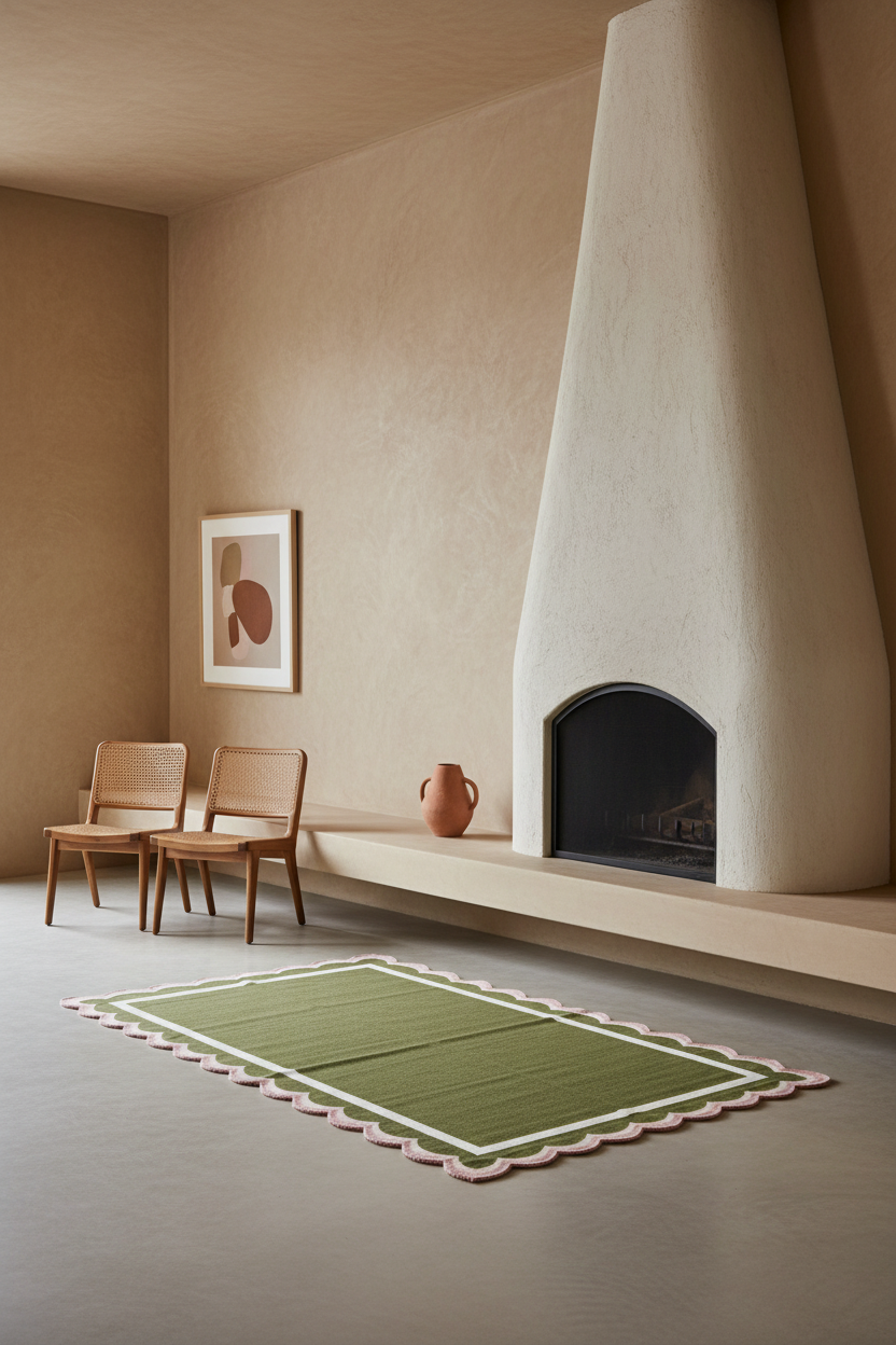 Olive Green Cotton Flat Weave Rug with Cream and Pink Scalloped Border