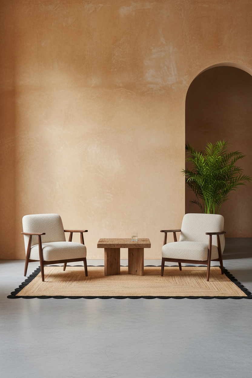 Natural Braided Jute Rug with Black Scalloped Border