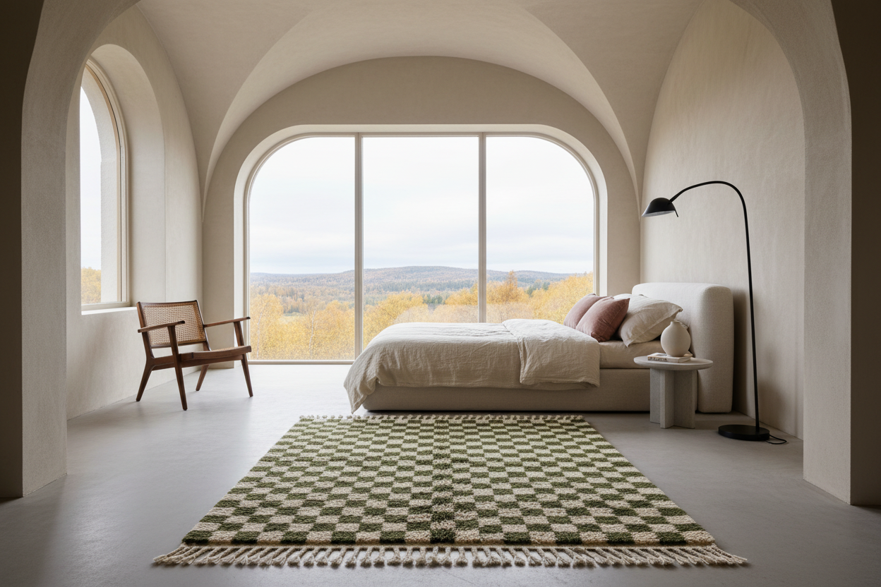 A large rectangular area rug with a green and beige checkerboard pattern and fringe, styled in a modern, minimalist bedroom with arched walls and a large window view.