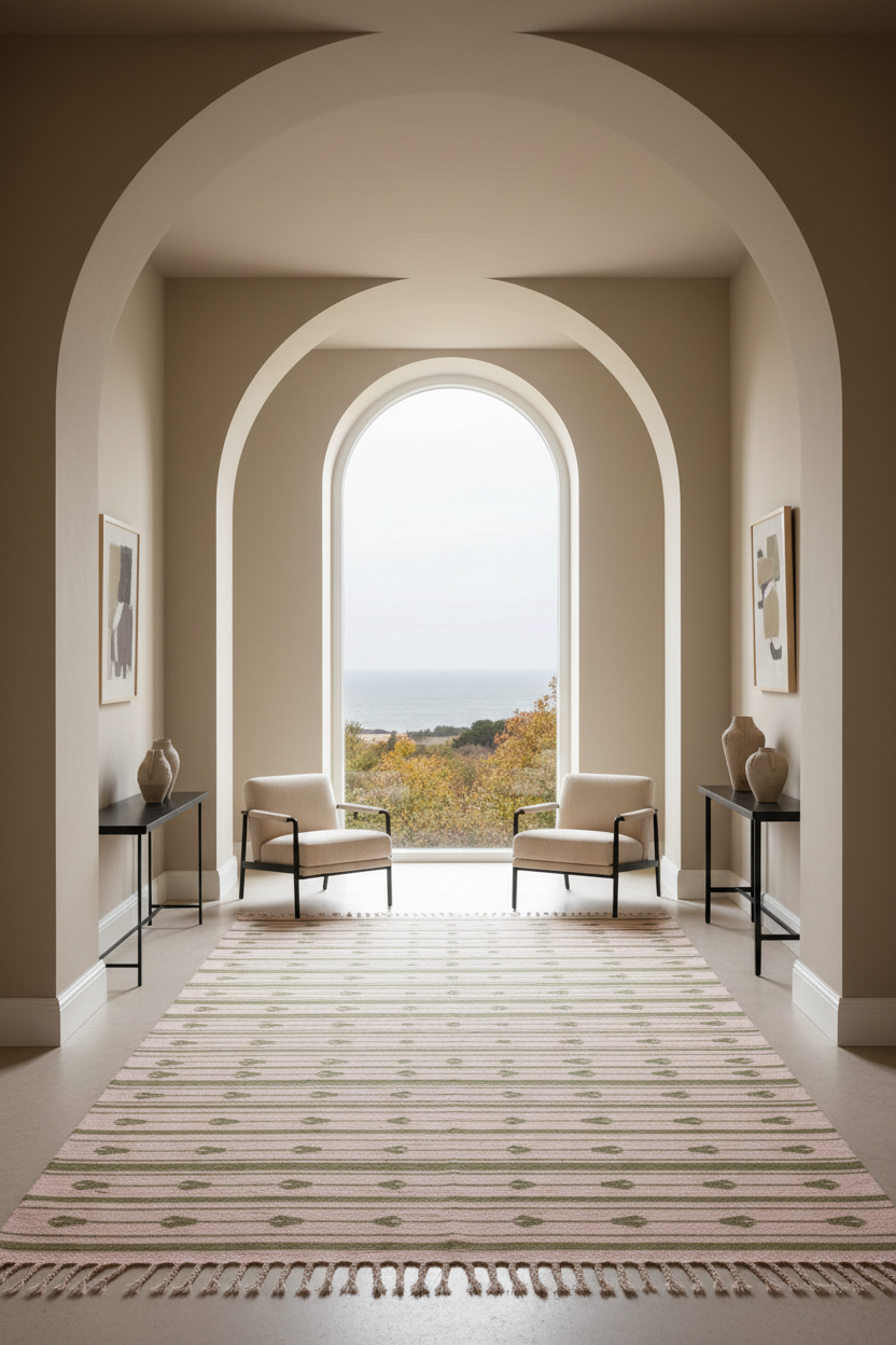 A long hallway with a large arched window looking out to the sea, furnished with two cream armchairs, black side tables, framed wall art, and a patterned cream rug.