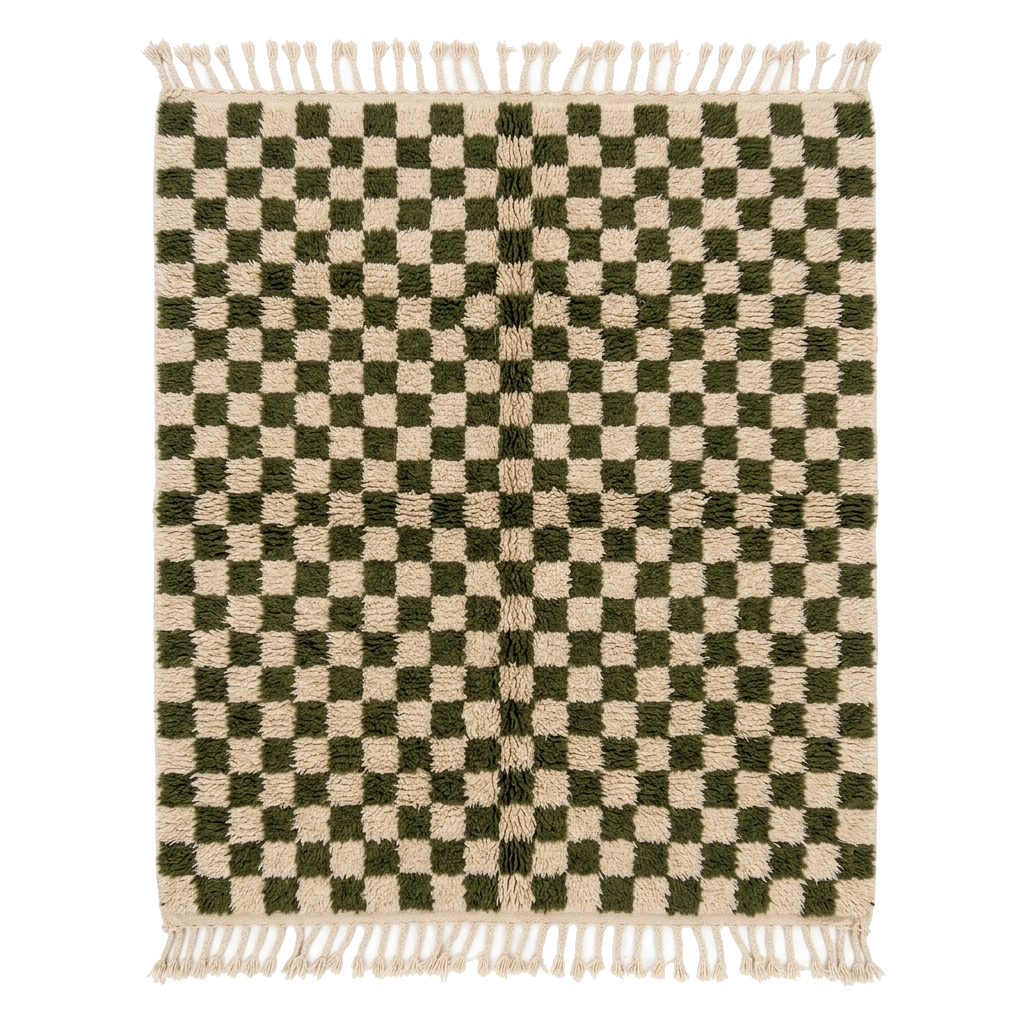 Olive Green and Cream Checkerboard Moroccan Shag Rug