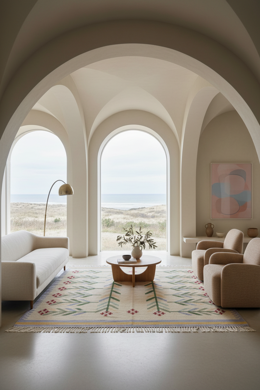 A beautifully styled modern living room with a minimalist design, featuring cream-colored arched windows overlooking a beach, a patterned area rug, a low wooden coffee table, and comfortable armchairs.