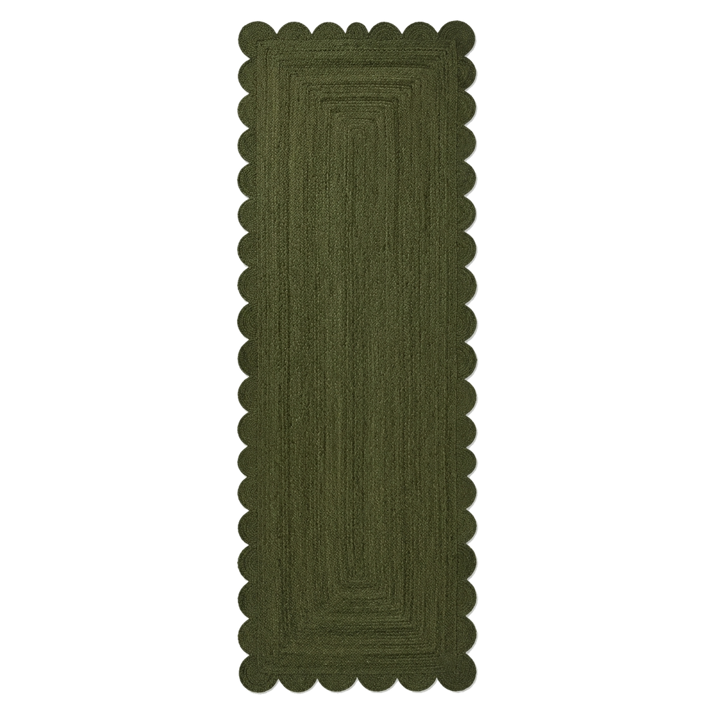 Olive Green Braided Jute Runner Rug with Scalloped Edge
