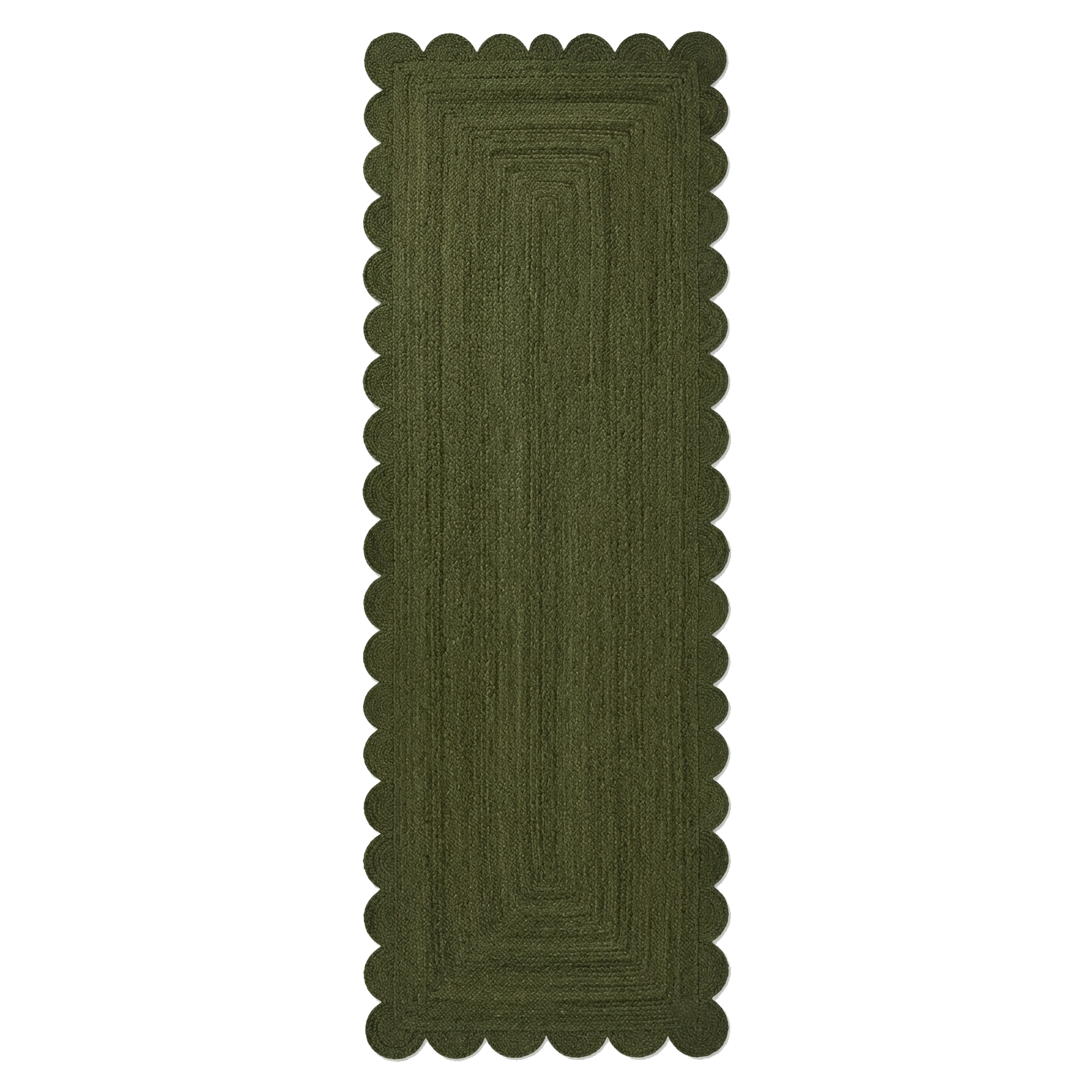 Olive Green Braided Jute Runner Rug with Scalloped Edge