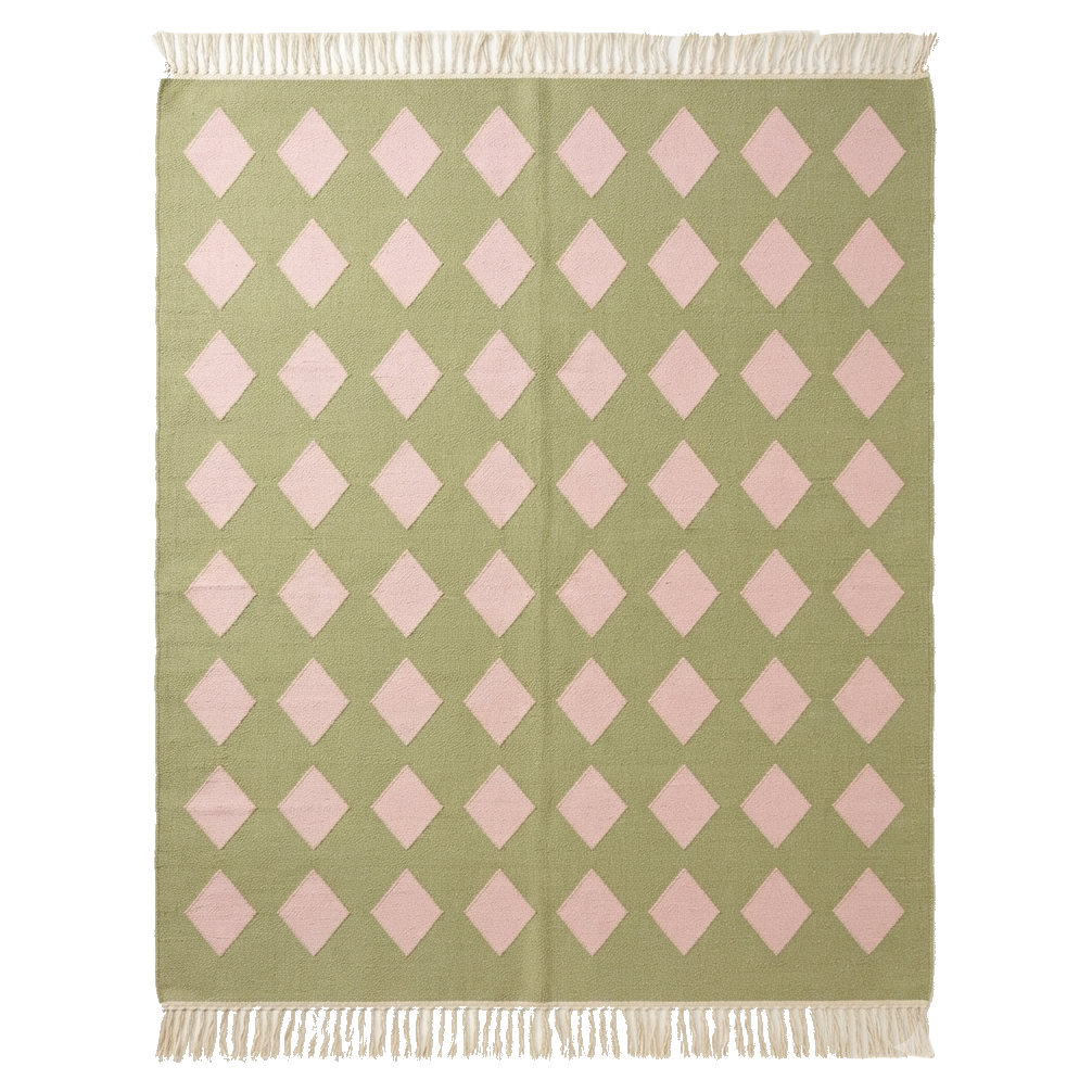Olive Green Cotton Flat Weave Rug with Pink Diamond Harlequin Pattern
