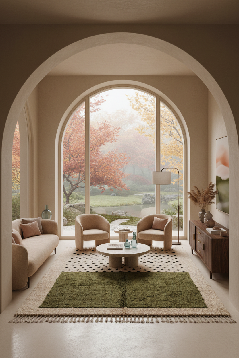 A beautifully styled modern living room featuring a large arched window with a misty autumn garden view. The room is furnished with a beige sofa, two matching armchairs, a round white coffee table, a green shag rug, and a dark wood sideboard.