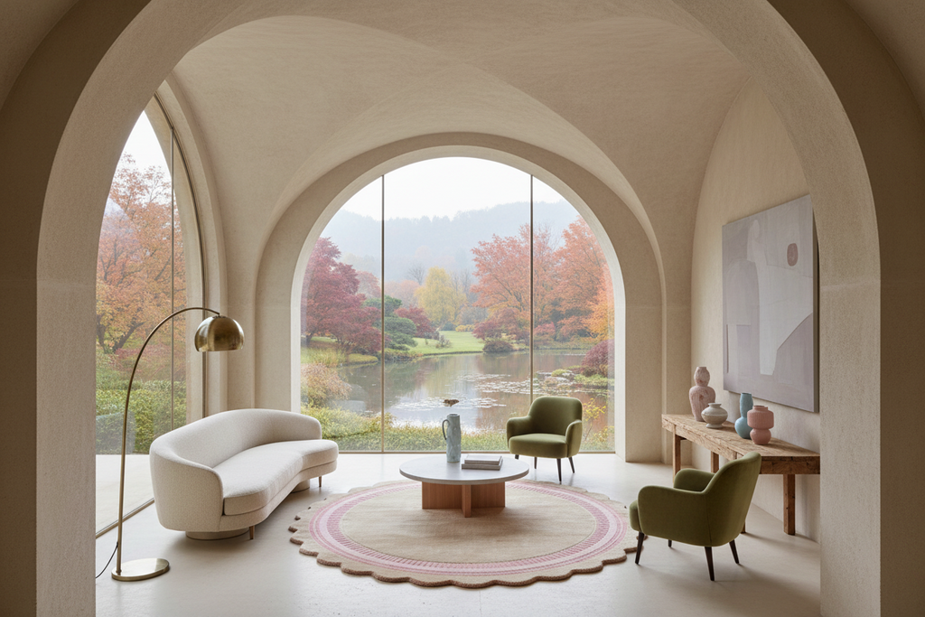 A luxury modern living room with a large arched window overlooking a scenic autumn lake landscape. The room features a white curved sofa, two olive green armchairs, a round pink and beige rug, a wooden coffee table, and a tall floor lamp, all framed by beige stone arches.