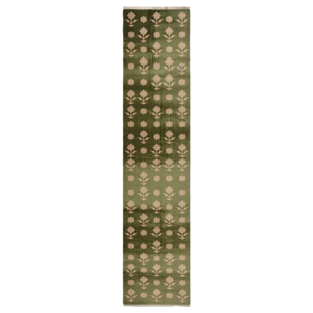 Olive Green Hand-Knotted Runner with Cream Floral Motifs