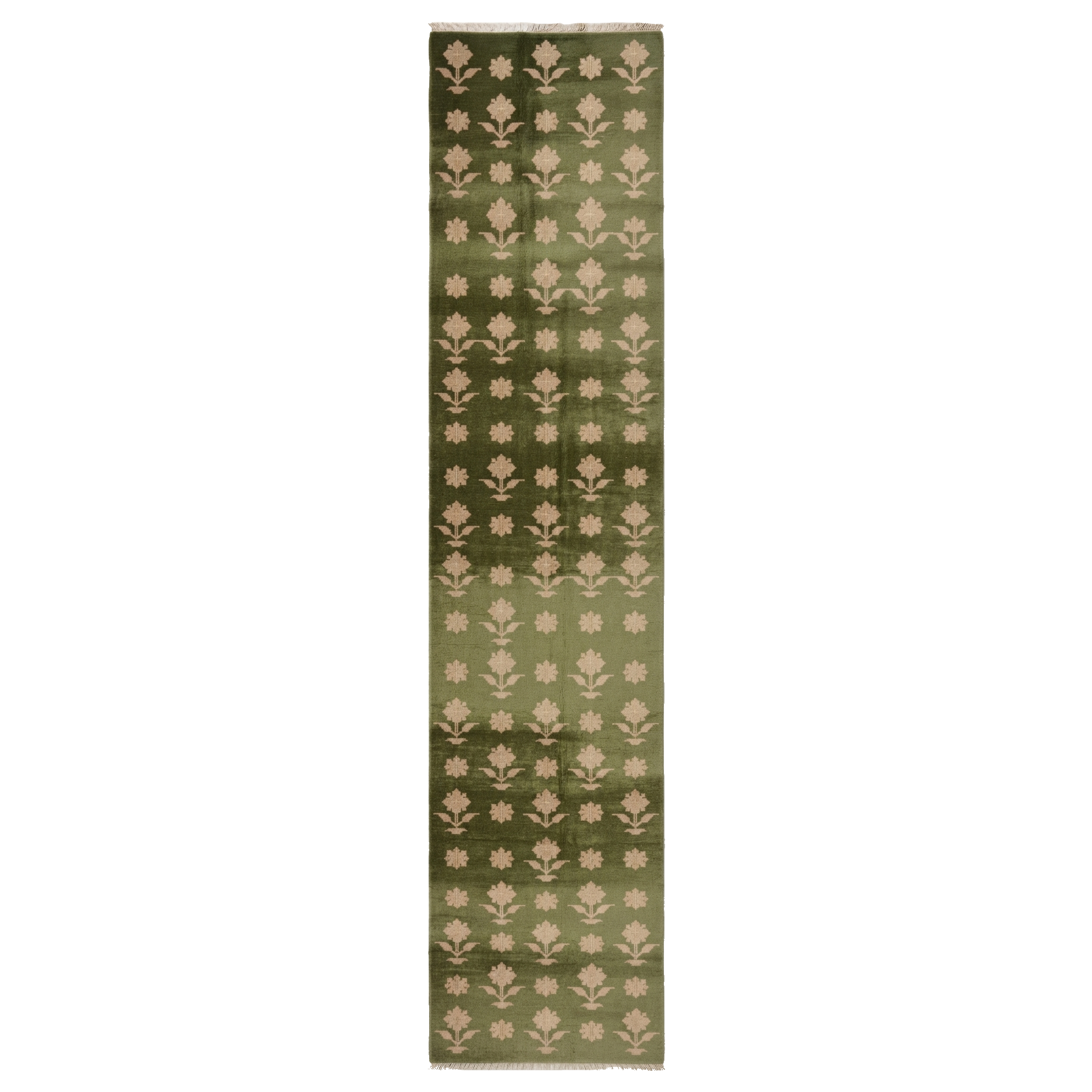 Olive Green Hand-Knotted Runner with Cream Floral Motifs