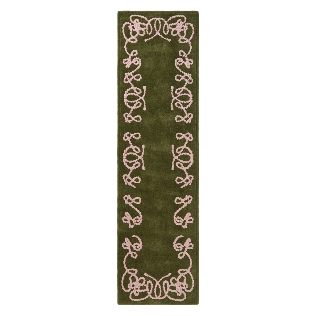 Olive Green Hand-Tufted Runner with Pink Scroll Border