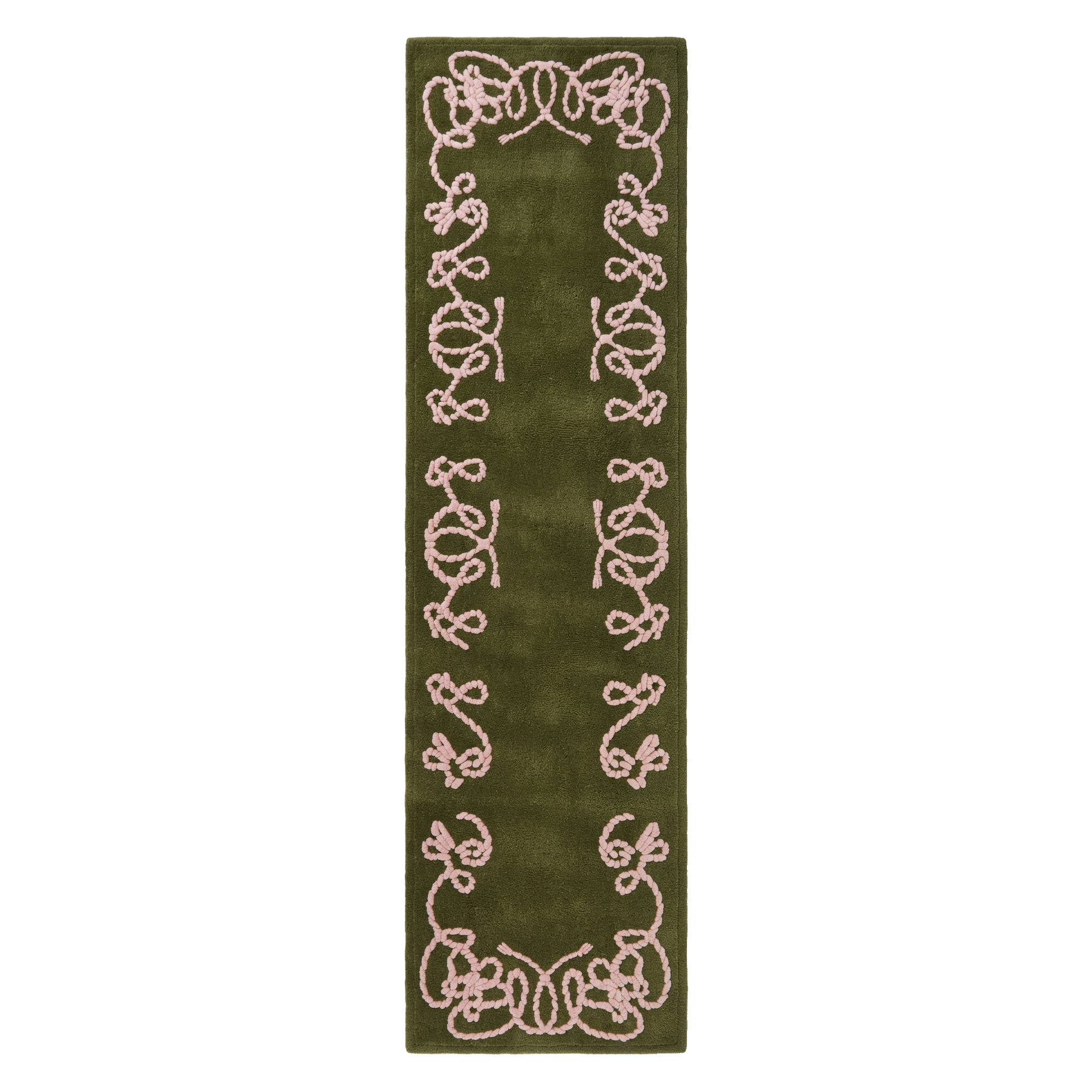 Olive Green Hand-Tufted Runner with Pink Scroll Border