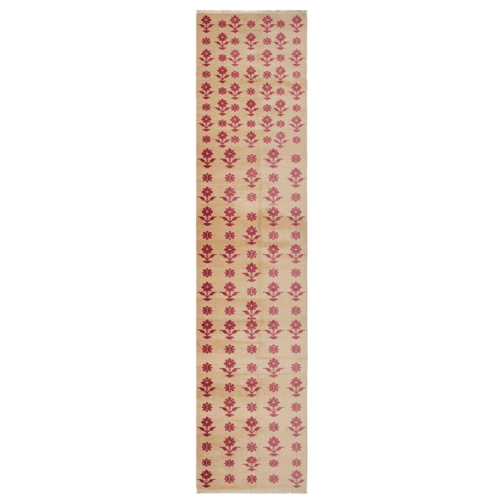 Cream Hand-Knotted Runner with Pink and Green Floral Sprigs