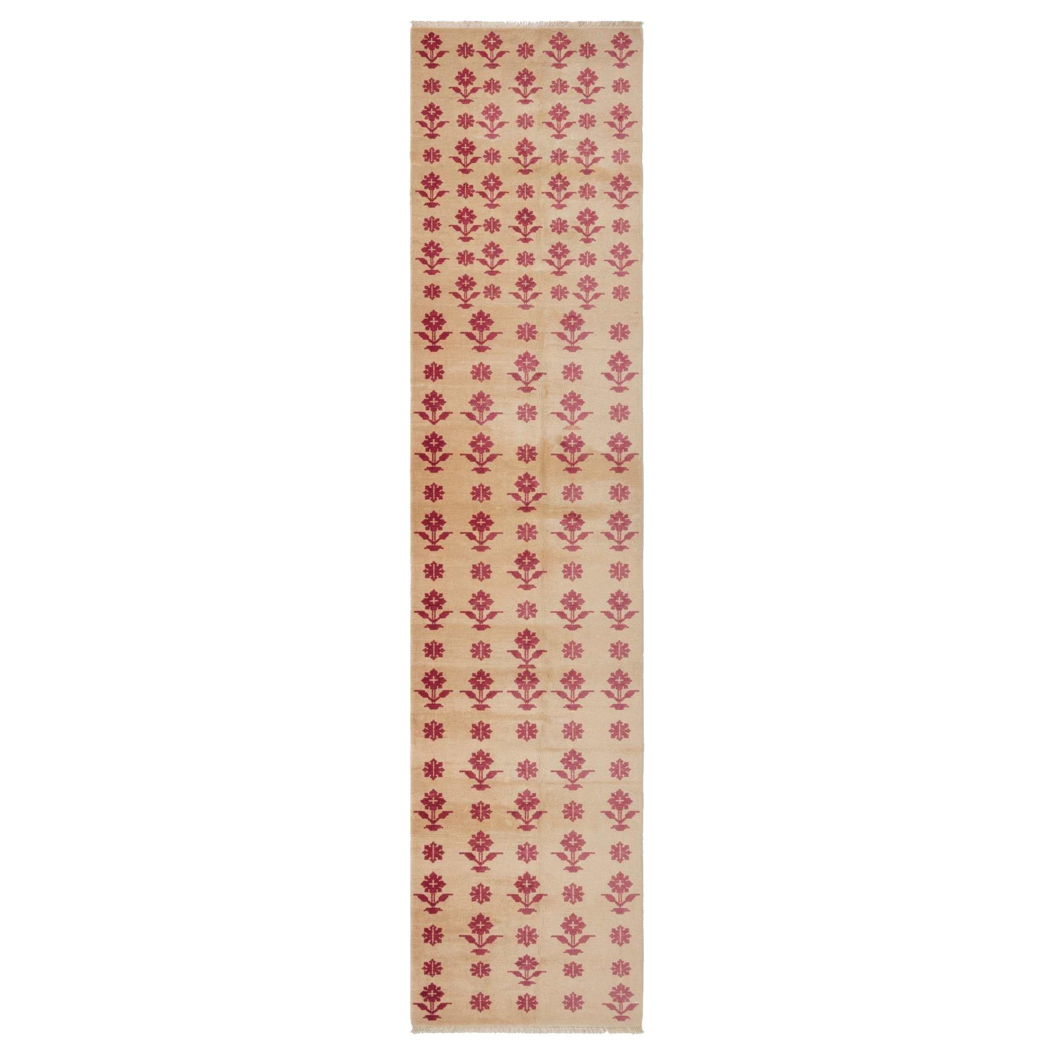 Cream Hand-Knotted Runner with Pink and Green Floral Sprigs