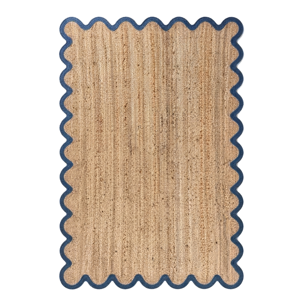 Natural Woven Jute Rug with Blue Scalloped Border