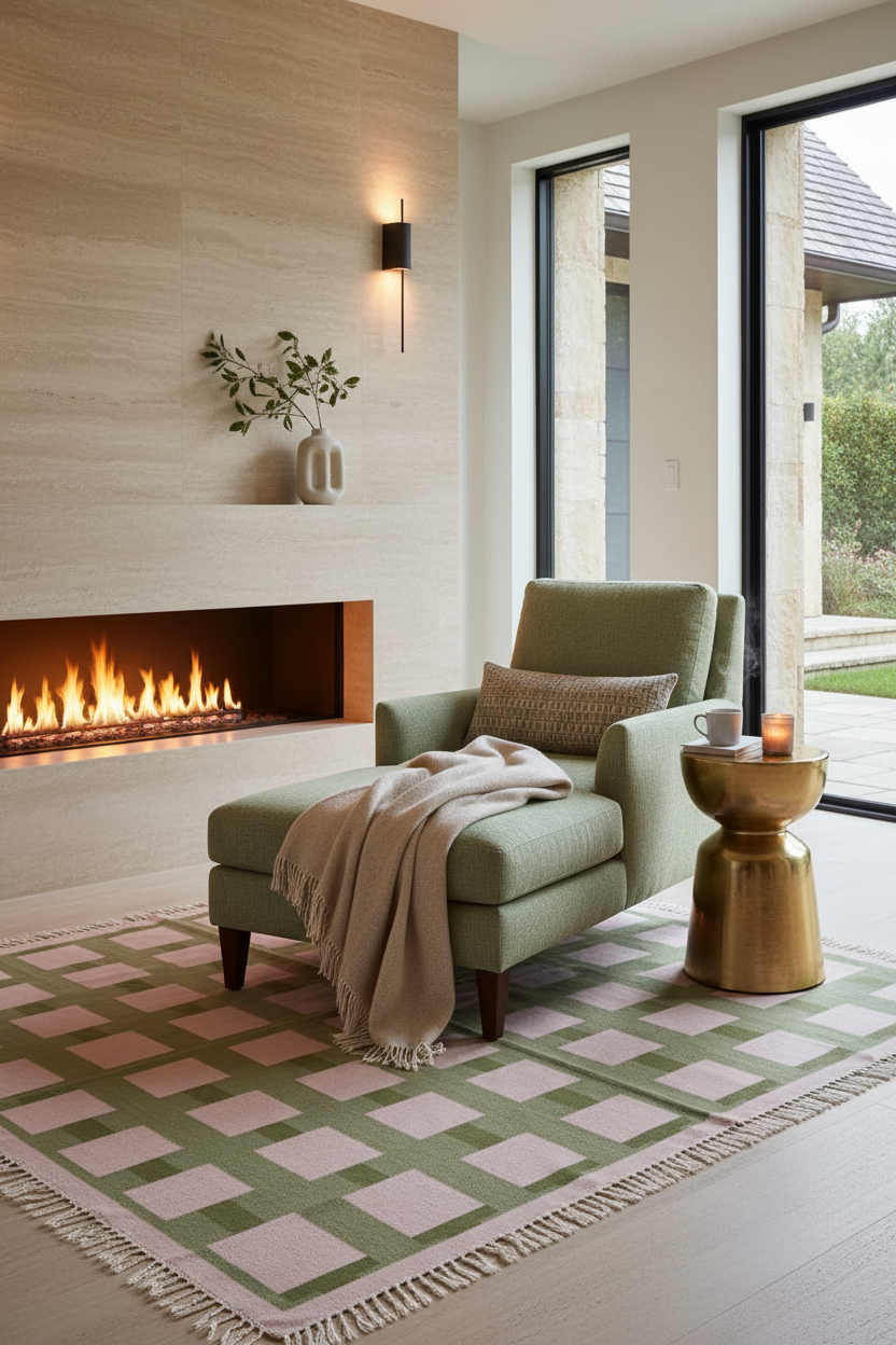 Pink and Olive Green Basketweave Check Cotton Flat Weave Rug