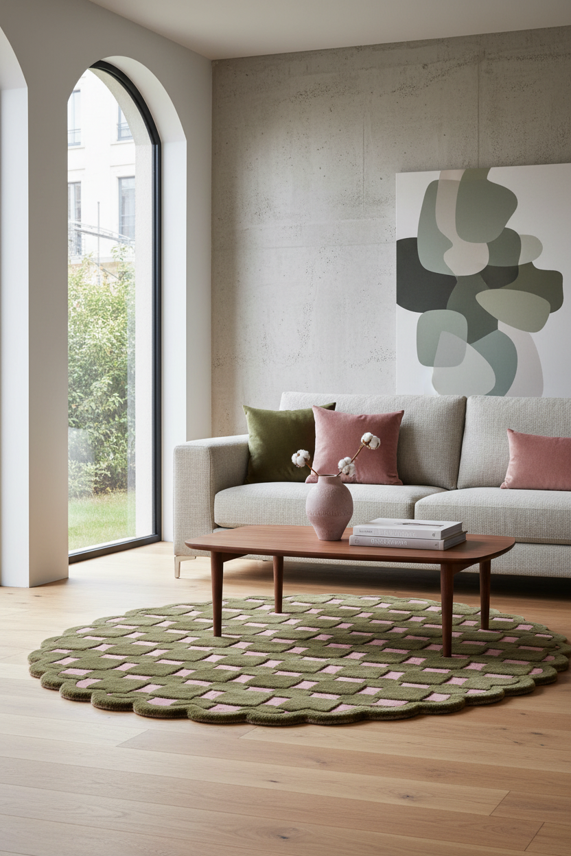 Olive and Pink Checkered Round Hand-Tufted Rug with Scalloped Edge