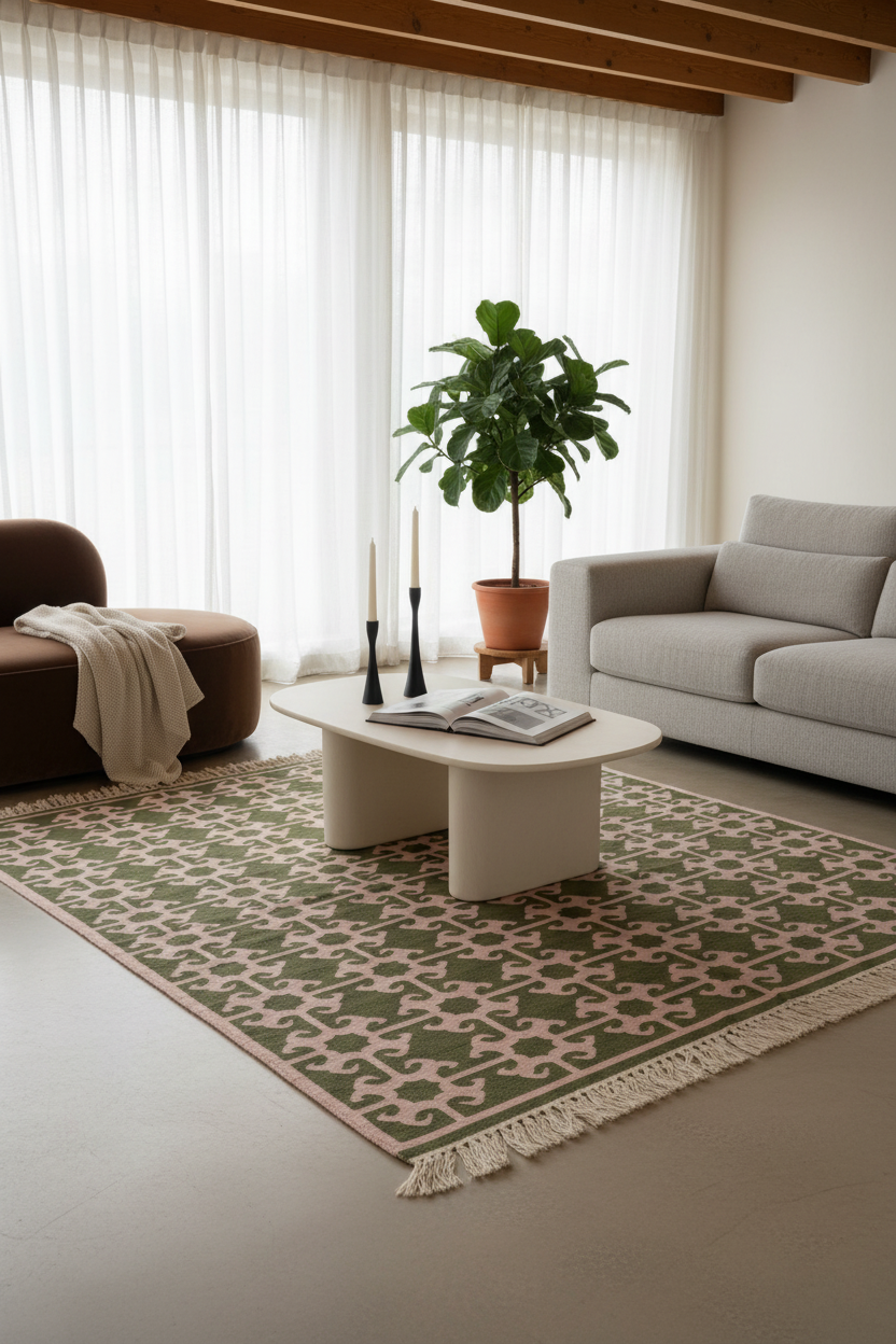 Olive Green and Cream Geometric Medallion Cotton Flat Weave Rug
