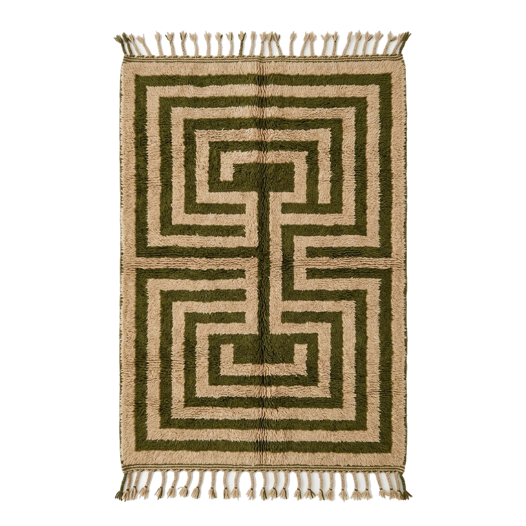 Beige Moroccan Shag Rug with Olive Green Maze Pattern