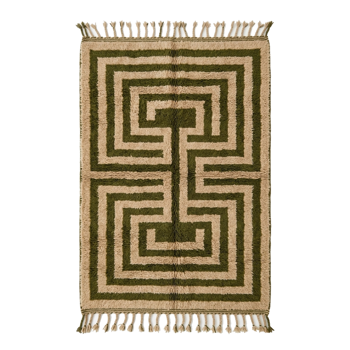 Beige Moroccan Shag Rug with Olive Green Maze Pattern
