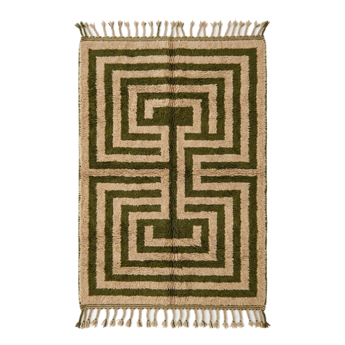 Beige Moroccan Shag Rug with Olive Green Maze Pattern