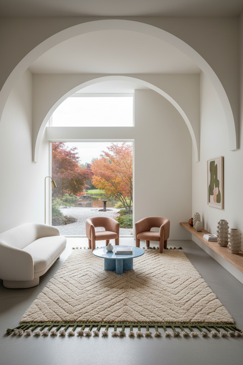 A modern living room with a large beige chevron-patterned area rug, a white curved sofa, two brown armchairs, and a blue coffee table, set under a large arched window looking out to a garden.