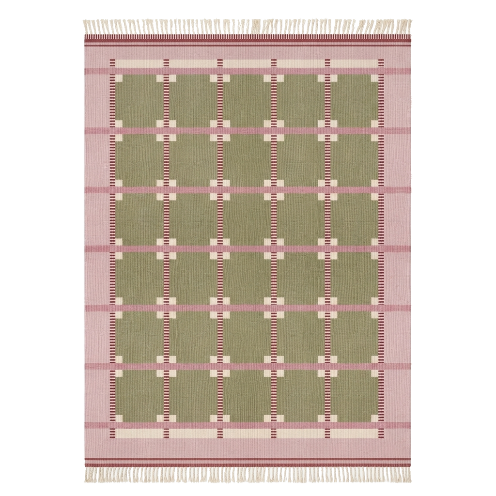 Sage Green Hand-Tufted Rug with Pink Windowpane Plaid
