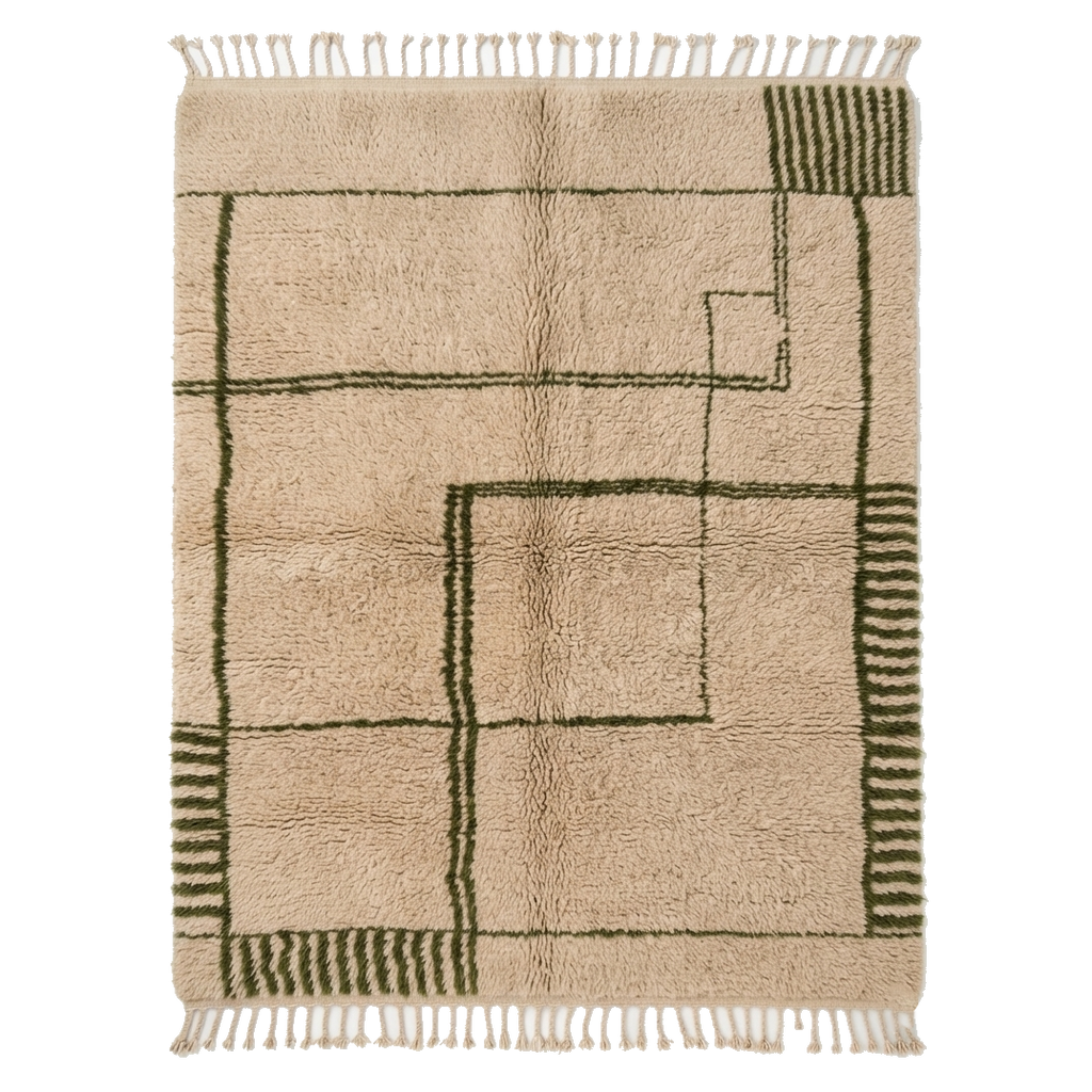 Beige Moroccan Shag Rug with Black Abstract Line Grid