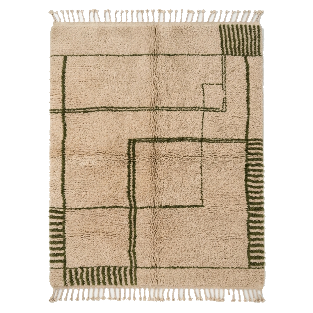 Beige Moroccan Shag Rug with Black Abstract Line Grid