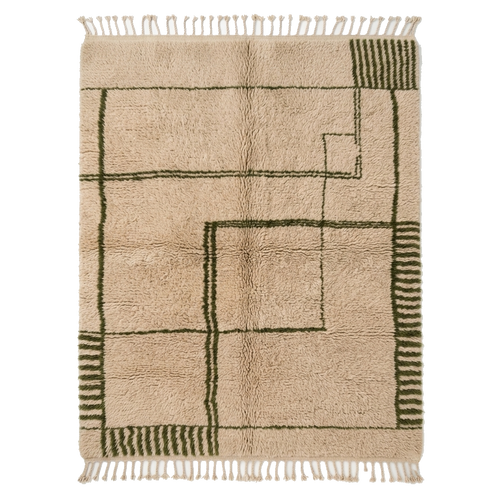 Beige Moroccan Shag Rug with Black Abstract Line Grid