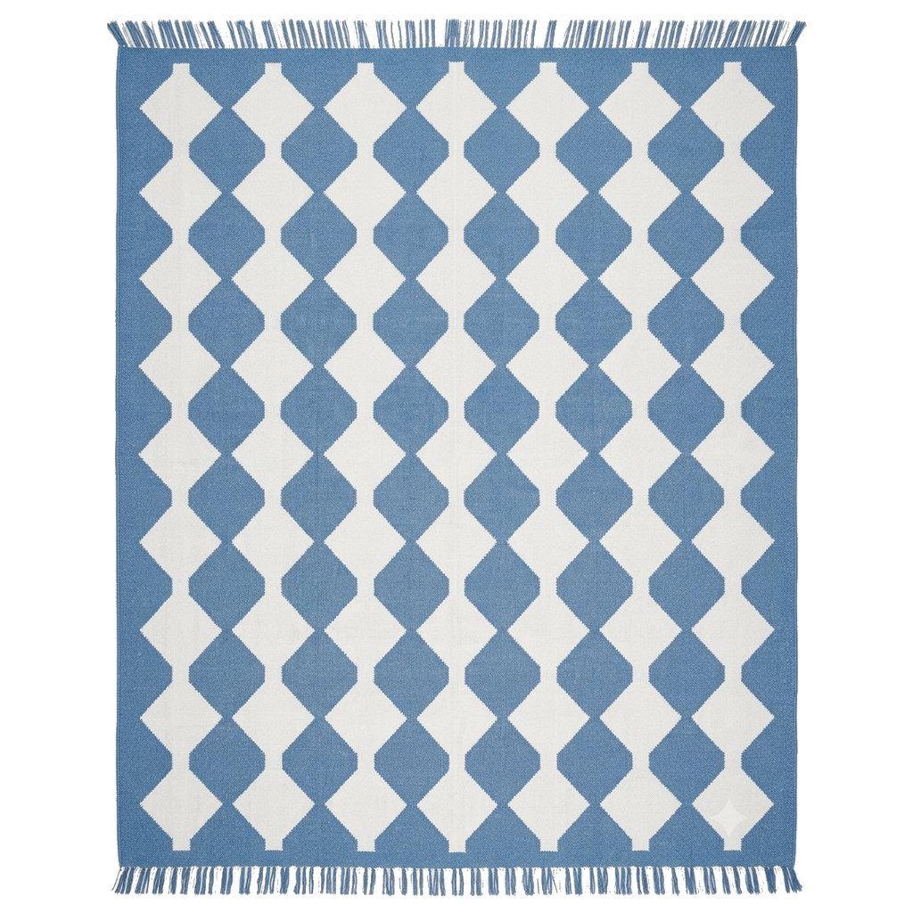 Blue and White Diamond Harlequin Cotton Flat Weave Rug