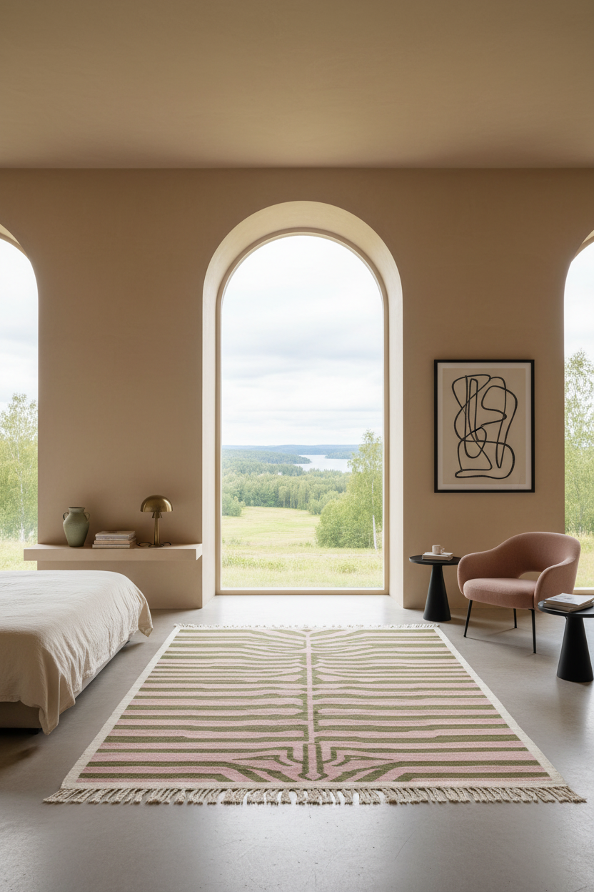 A large rectangular area rug with fringe and a geometric striped pattern in beige, cream, and muted pink tones, styled in a modern bedroom setting with arched windows and a view of a landscape.