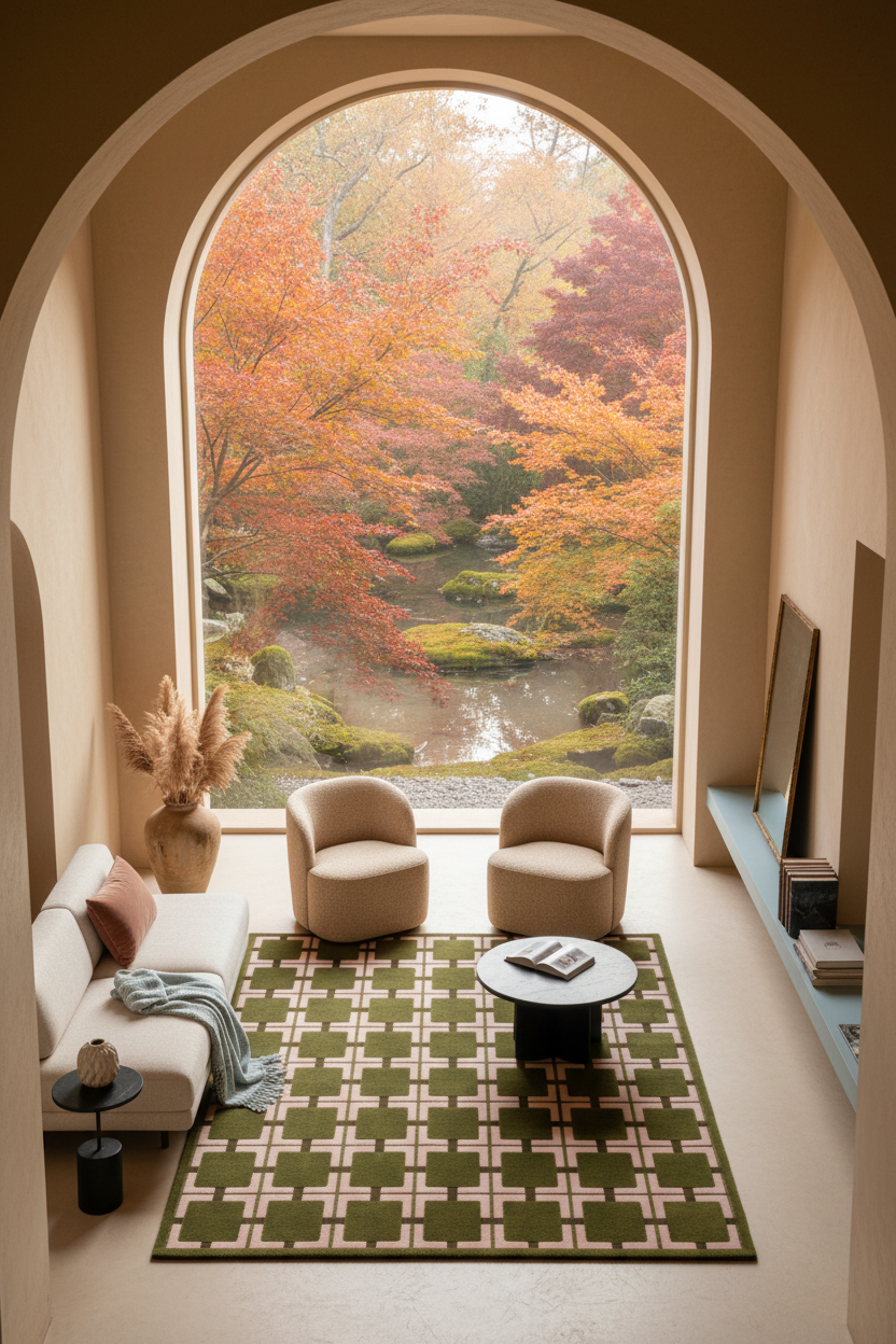 A styled interior scene with a large arched window overlooking an autumn garden. Inside, a white sofa, two beige armchairs, a round coffee table, and a green-and-white patterned rug are arranged in a warm, modern living space.