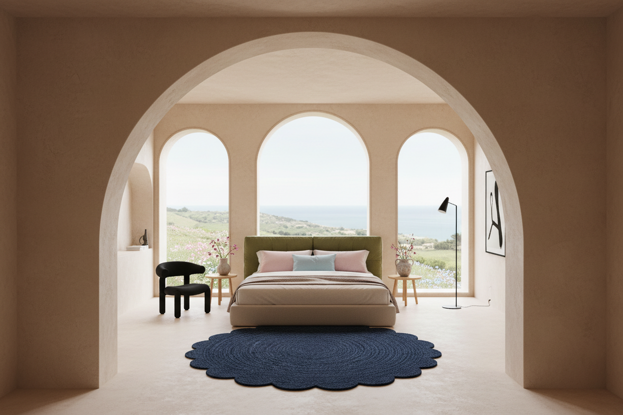 A modern bedroom framed by a large arched doorway, featuring a beige bed with pink and blue pillows, a dark green headboard, a scalloped navy blue rug, and a scenic ocean view through arched windows.