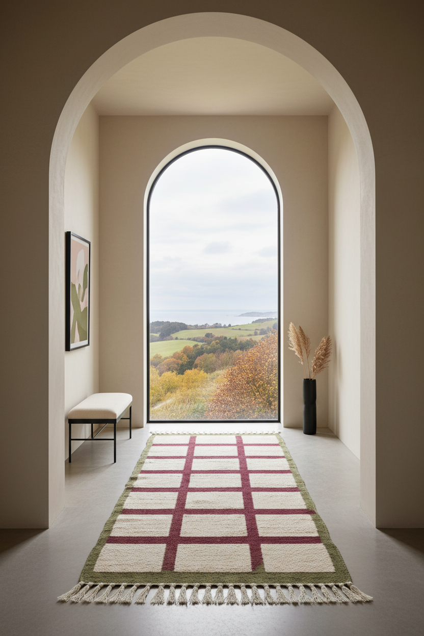 A rectangular area rug with a cream and burgundy grid pattern and fringe, displayed in a modern hallway with an arched doorway leading to a scenic landscape view.