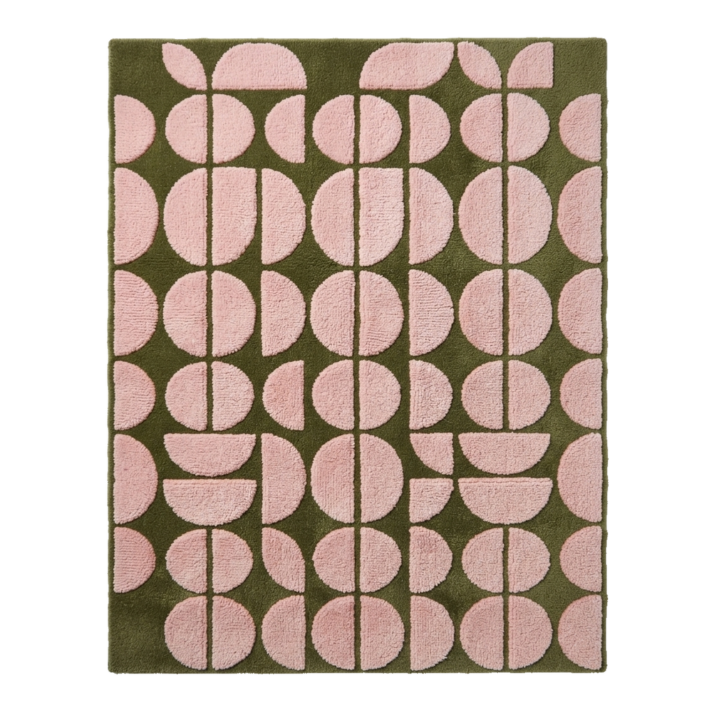 Olive Green Hand-Tufted Rug with Pink Half Moon Pattern