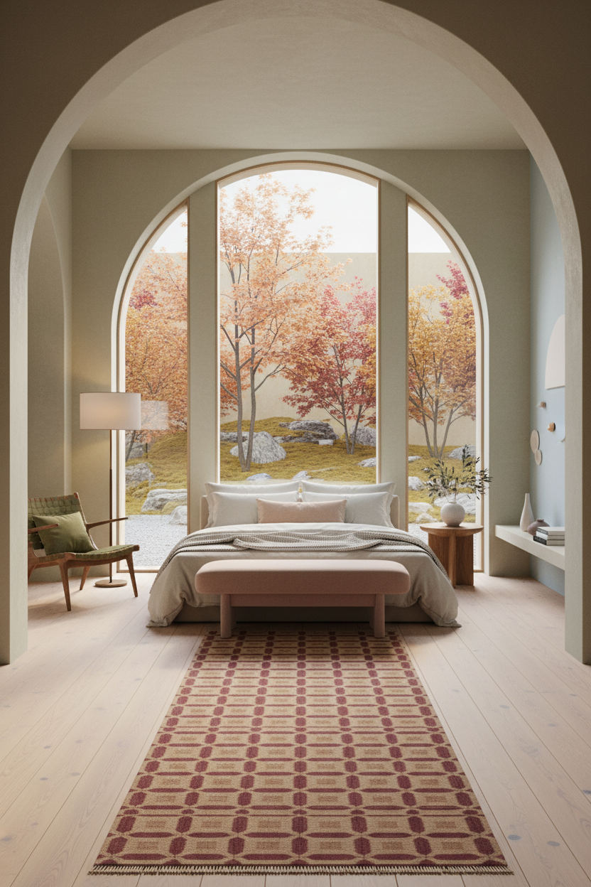 A beautifully styled bedroom featuring a large patterned area rug in front of a bed, with an arched window looking out onto a painted autumn garden scene. The room has light wood floors, a wooden bench, and a chair with a green pillow.