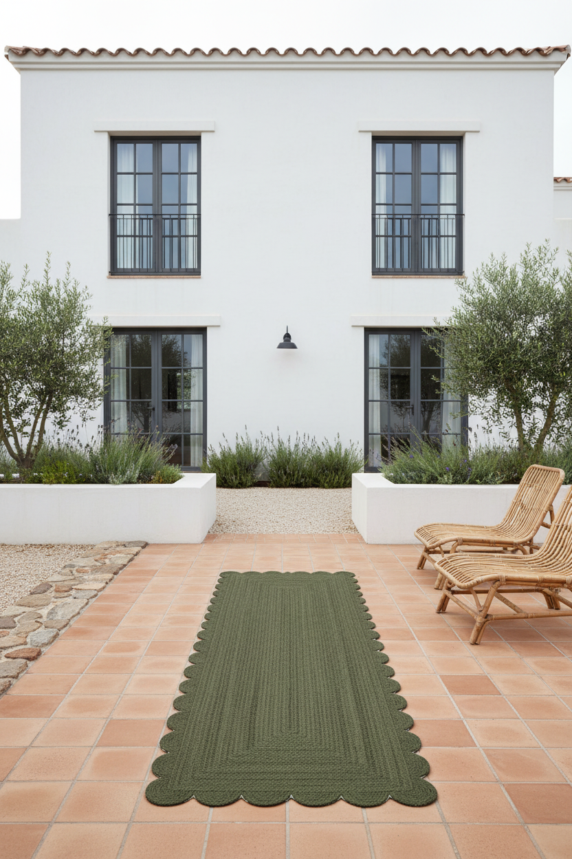 An olive green outdoor rectangular rug with scalloped edges lies on a terracotta tiled patio in front of a white stucco house with large dark-framed windows and two woven lounge chairs on the right.