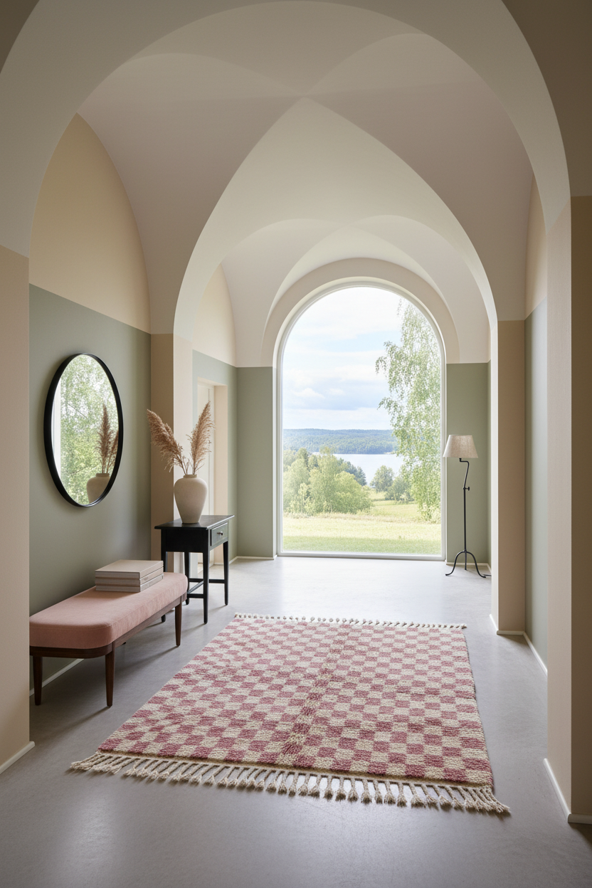 A pink and white checkered area rug with fringe is displayed in a beautifully styled entryway with arched ceilings, a pink bench, and a large window overlooking a scenic lake.