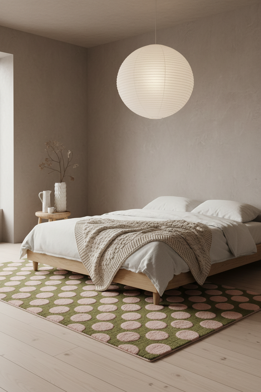 Olive Green Hand-Tufted Rug with Blush Pink Polka Dots