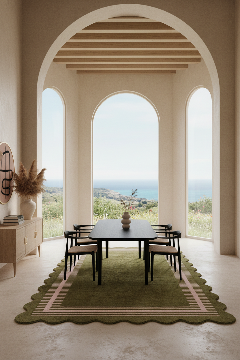 A styled interior dining room scene with a rectangular dark dining table and six matching chairs placed on a large olive green scalloped area rug. The room has warm beige walls, arched windows, and a visible coastal landscape beyond.
