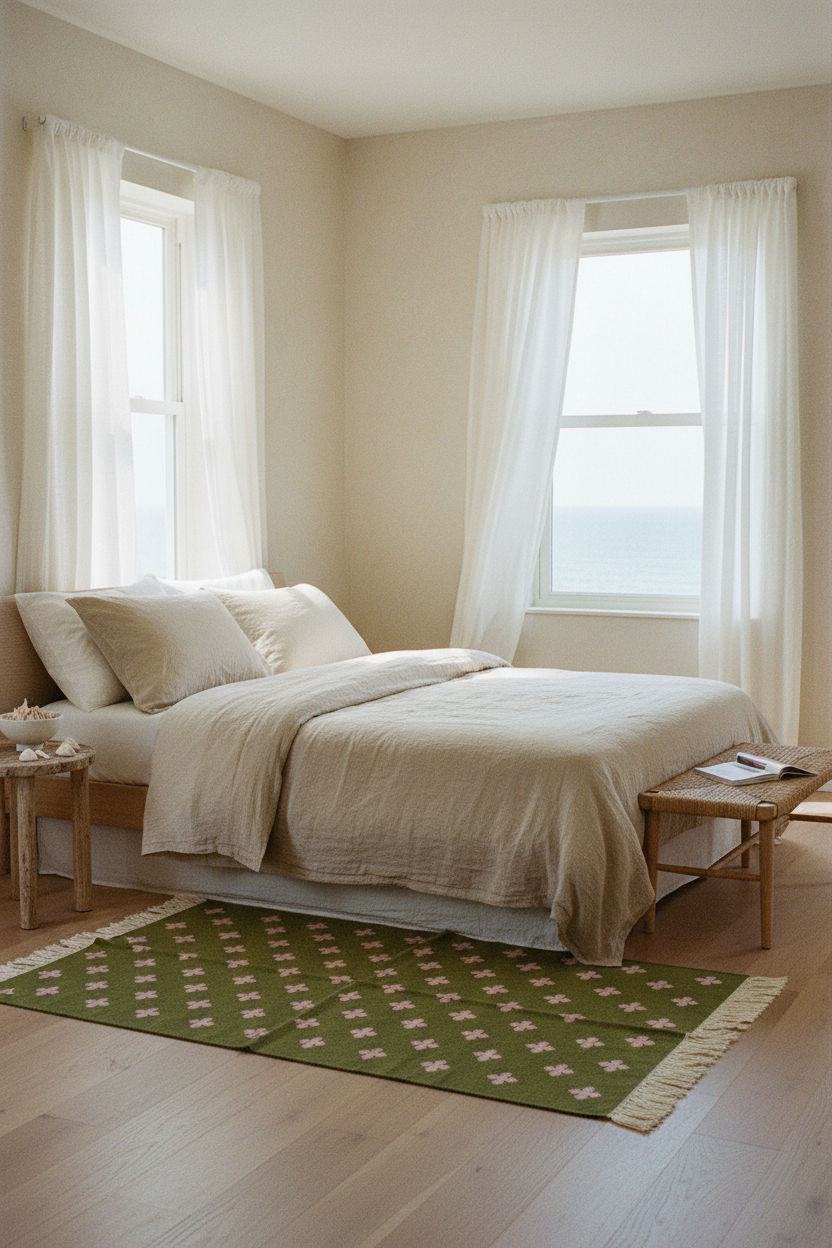 Olive Green Cotton Flat Weave Rug with Cream Cross Motifs