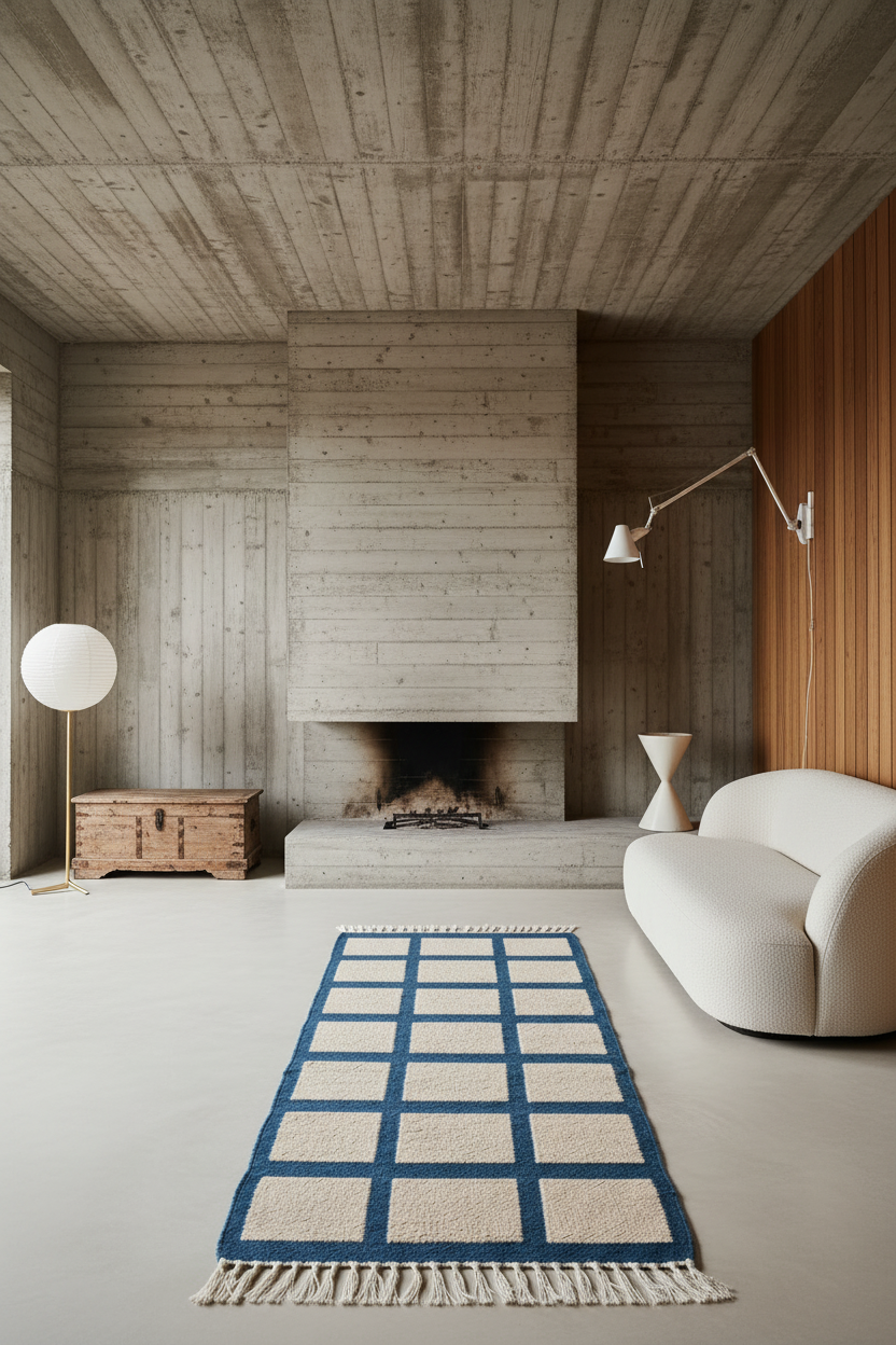 A modern living room interior with a rectangular area rug in front of a fireplace. The rug has a blue grid pattern over a cream woven base with fringe on one short end.
