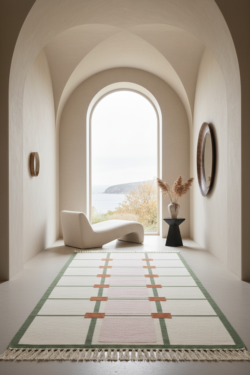A long rectangular area rug with cream, blush pink, sage green, and terracotta stripes lies on a polished stone floor in a serene arched hallway. A white lounge chair sits by a large arched window overlooking water, with a small black side table holding a vase of dried grass beside it.