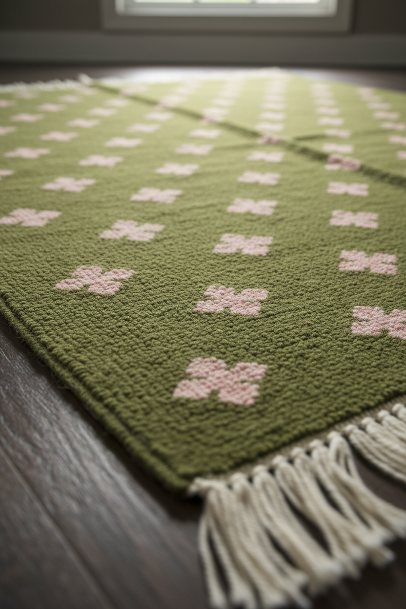 Olive Green Cotton Flat Weave Rug with Cream Cross Motifs
