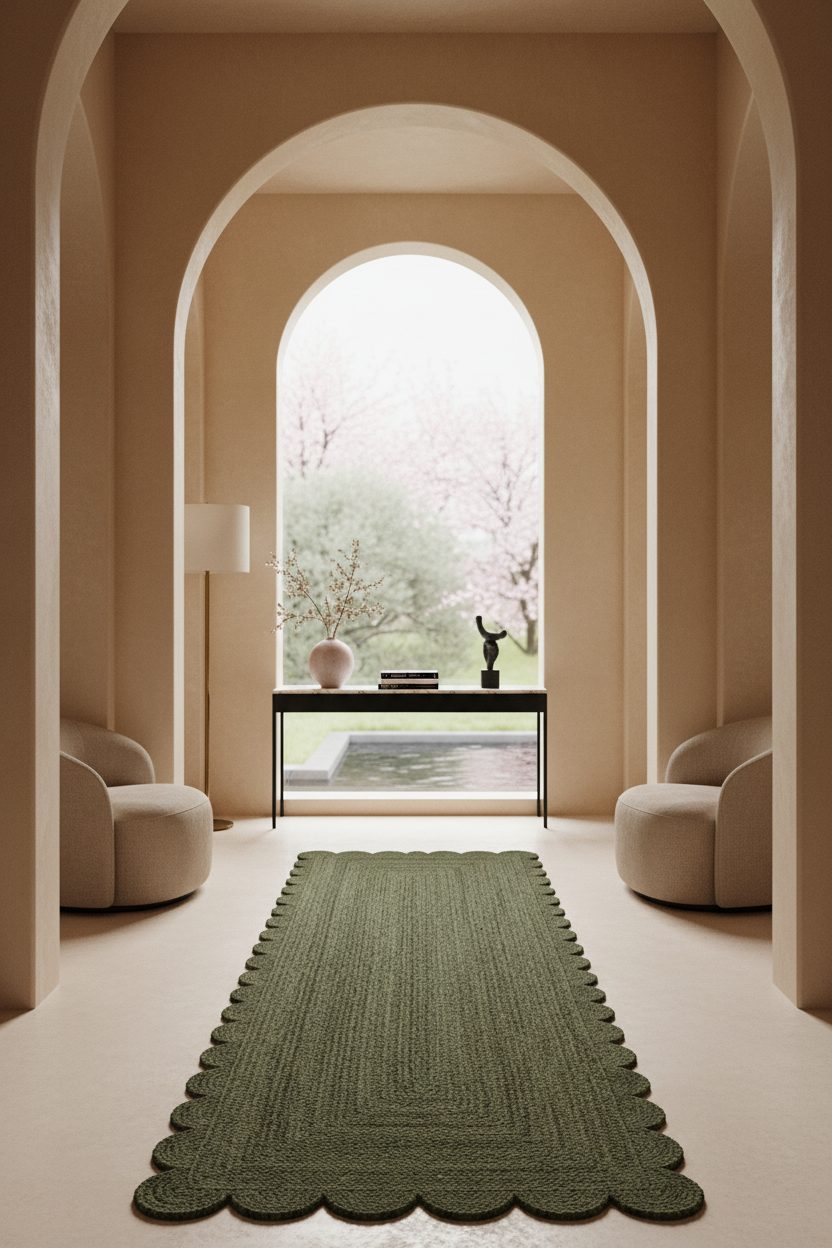 A dark olive green woven runner rug with a scalloped edge, displayed in a modern, symmetrical entryway with beige walls, arched doorways, and neutral-toned armchairs.