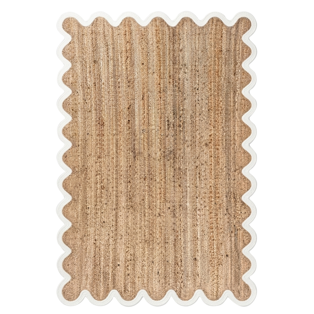 Natural Woven Jute Rug with White Scalloped Border