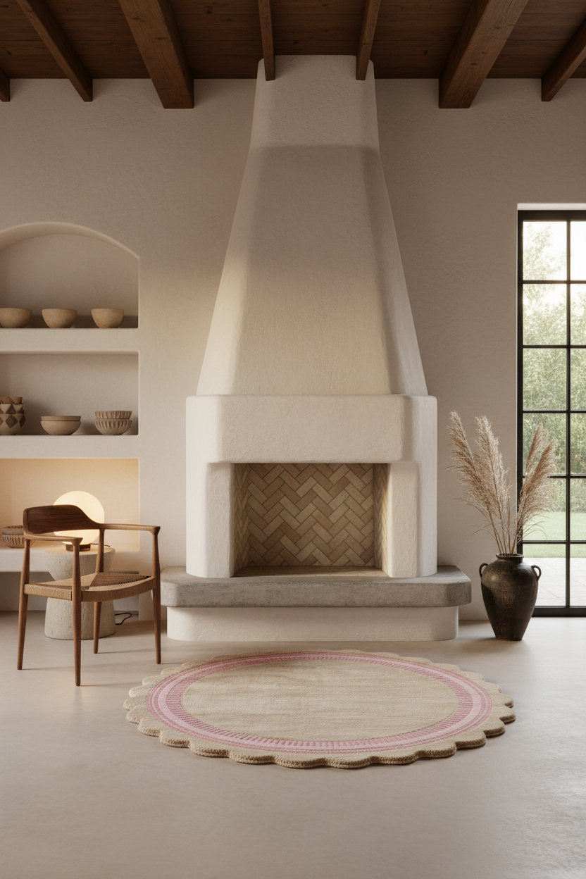 Taupe Round Hand-Tufted Rug with Pink Scalloped Border