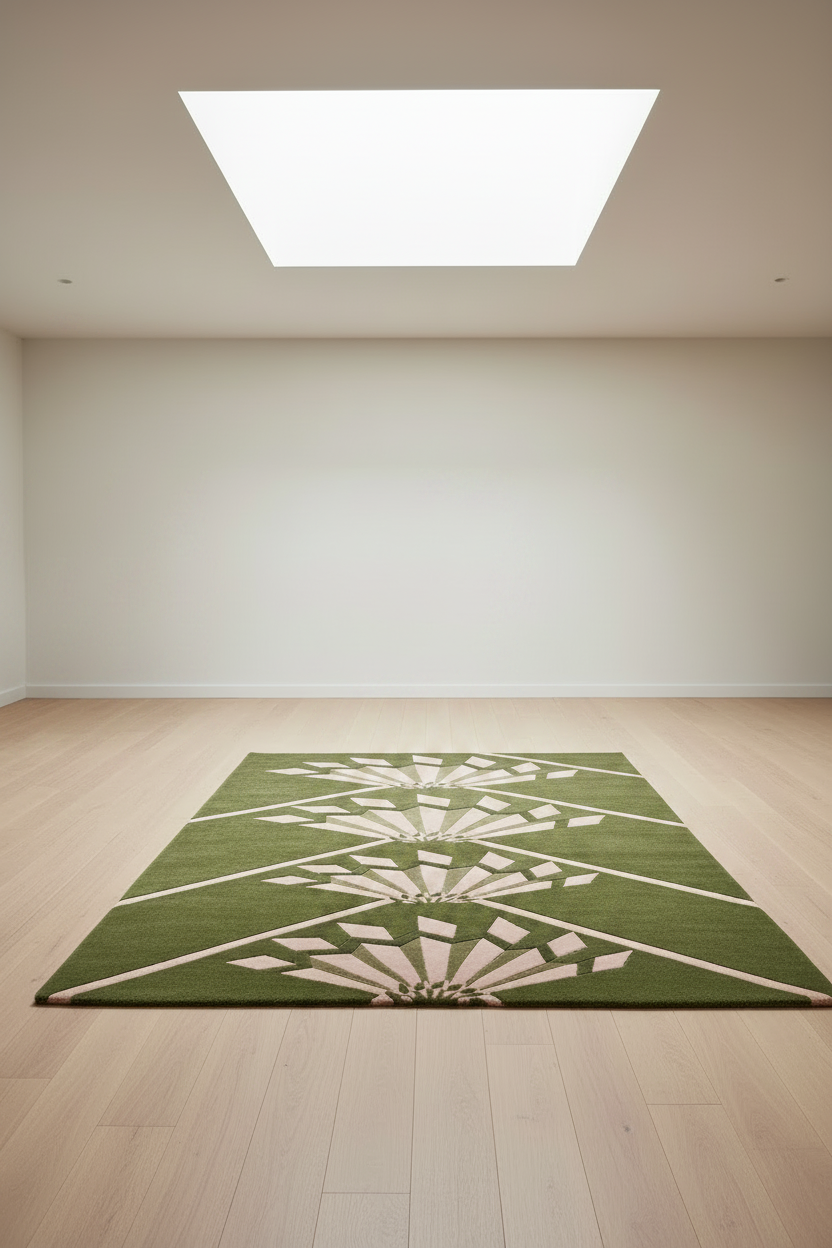 Olive Green Hand-Tufted Rug with Pink Art Deco Fans