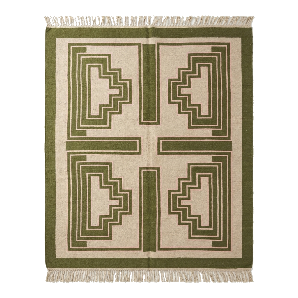 Cream and Olive Green Art Deco Cotton Flat Weave Rug