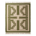Cream and Olive Green Art Deco Cotton Flat Weave Rug